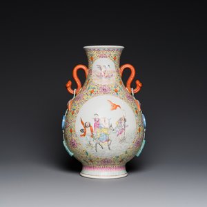 A Chinese famille rose 'hu' vase with 'eight immortals' design, Qianlong mark, Republic — photo 1