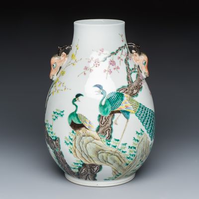 A Chinese famille rose 'Hu' vase with peacocks, Guangxu mark and of the period