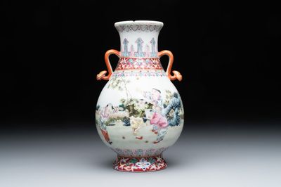 A Chinese famille rose 'hu' vase with playing boys, Qianlong mark, 20th C.
