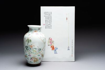 A Chinese famille rose 'immortals' vase on wooden stand and a plaque, Qianlong mark, 20th C.