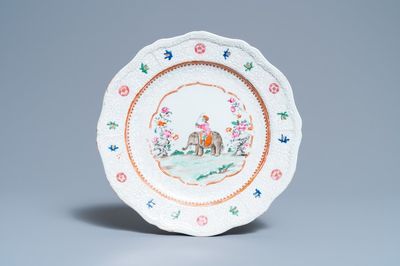 A Chinese famille rose Indian market plate with an elephant and rider, Qianlong