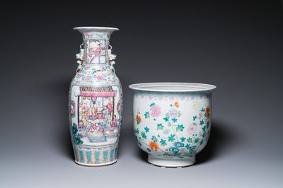 A Chinese famille rose jardinière and a vase, 19th C.