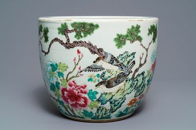 A Chinese famille rose jardinière with birds among flowers, 19th C.