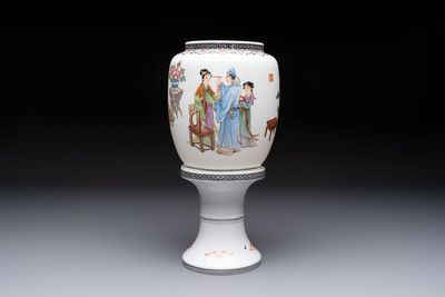 A Chinese famille rose 'Jing Zhao Hua Mei 京兆畫眉' eggshell lantern on stand, dated 1979