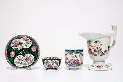 A Chinese famille rose jug, a cup and saucer and another cup with ear, 18th C.