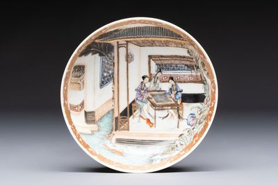 A Chinese famille rose 'Ladies Playing Go' saucer, Yongzheng