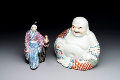 A Chinese famille rose lady and a Buddha, 19/20th C.