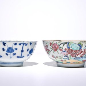 A Chinese famille rose landscape bowl, Yongzheng, and a blue and white bowl, Kangxi — photo 1