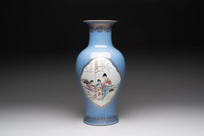 A Chinese famille rose lavender-blue-ground vase, Qianlong mark, Republic