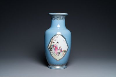 A Chinese famille rose lavender-blue-ground vase, Qianlong mark, Republic