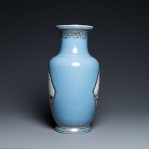 A Chinese famille rose lavender-blue-ground vase, Qianlong mark, Republic — photo 2