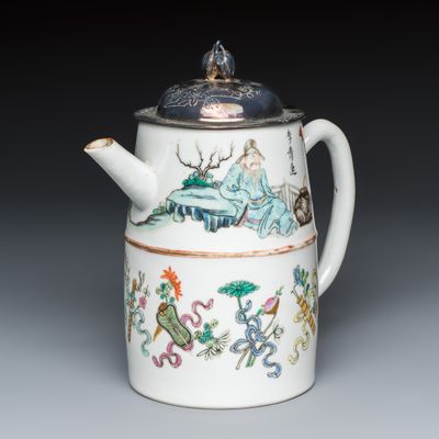 A Chinese famille rose 'Li Bai 李白' and 'Lu Tong 盧仝' wine pot with a silver cover, Daoguang mark and of the period