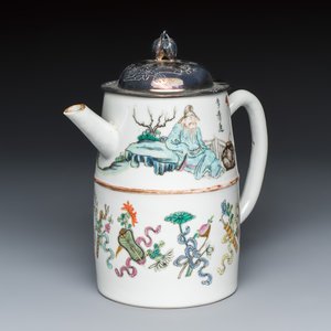 A Chinese famille rose 'Li Bai 李白' and 'Lu Tong 盧仝' wine pot with a silver cover — photo 1