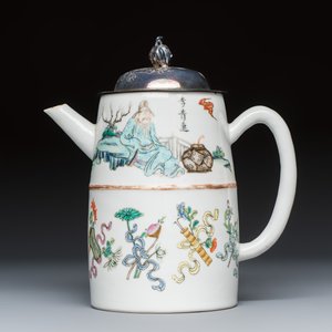 A Chinese famille rose 'Li Bai 李白' and 'Lu Tong 盧仝' wine pot with a silver cover — photo 2