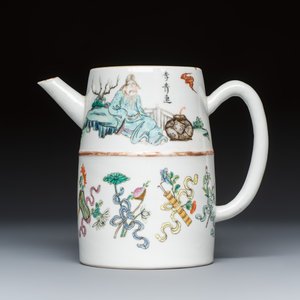 A Chinese famille rose 'Li Bai 李白' and 'Lu Tong 盧仝' wine pot with a silver cover — photo 3