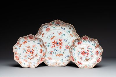 A Chinese famille rose lotus-shaped dish and two plates, Qianlong