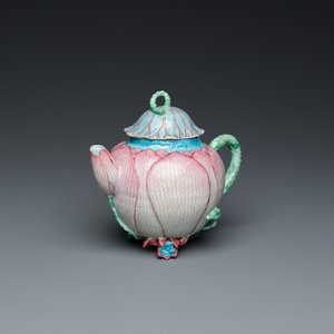 A Chinese famille rose 'lotus' teapot and cover, Yongzheng — photo 1