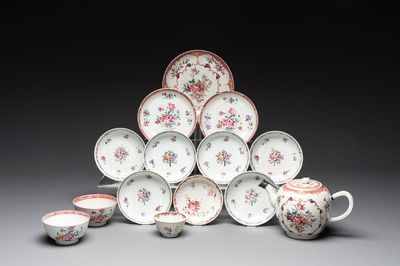 A Chinese famille rose 'Lowestoft' teapot, a plate, three cups and nine saucers, Qianlong