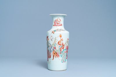 A Chinese famille rose 'luohan and mythical animals' vase, 19/20th C.