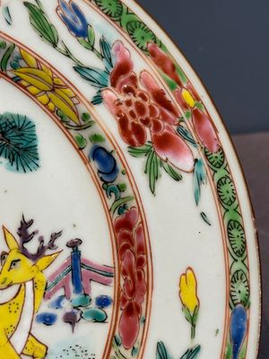 A Chinese famille rose 'Magu' plate, a famille verte plate and two Imari-style plates with floral design, Kangxi/Yongzheng — photo 8