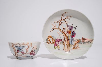 A Chinese famille rose mandarin cup and saucer, Qianlong