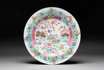 A Chinese famille rose 'mandarin ducks and Eight Immortals' dish, Qianlong
