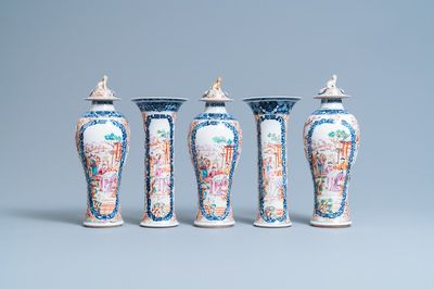A Chinese famille rose 'Mandarin' garniture of five vases, Qianlong