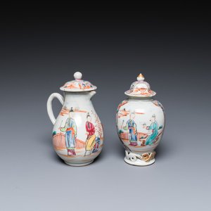 A Chinese famille rose 'mandarin subject' jug with cover and a tea caddy, Qianlong — 照片 1