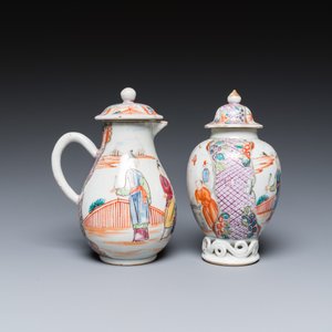 A Chinese famille rose 'mandarin subject' jug with cover and a tea caddy, Qianlong — 照片 3