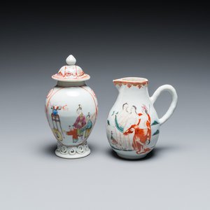 A Chinese famille rose 'mandarin subject' tea caddy and a jug with the 'Judgement of Paris', Qianlong — photo 1