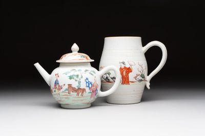 A Chinese famille rose 'mandarin subject' teapot and a mug, Qianlong