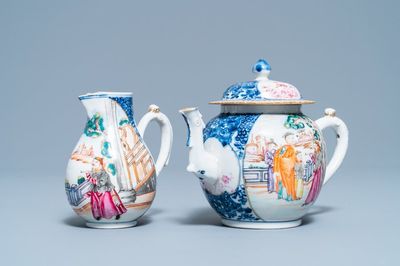 A Chinese famille rose 'Mandarin' teapot and milk jug, Qianlong