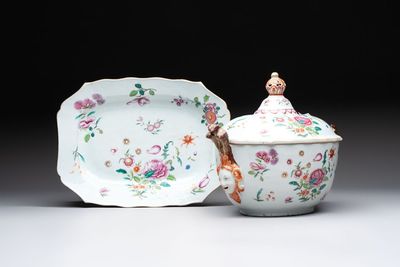 A Chinese famille rose 'mascarons' tureen and cover on stand with floral design, Qianlong