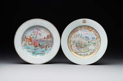 A Chinese famille rose Meissen-style plate and a monogrammed Canton famille rose plate, Qianlong