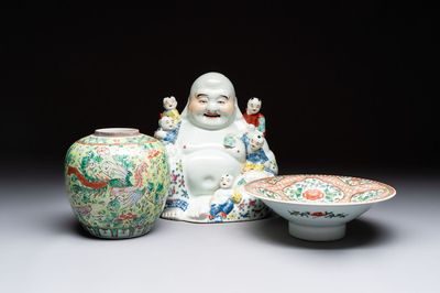 A Chinese famille rose Milefo Buddha, a famille verte jar, and a conical bowl, Zhu Mao Ji 朱茂記造 mark, 19/20th C.