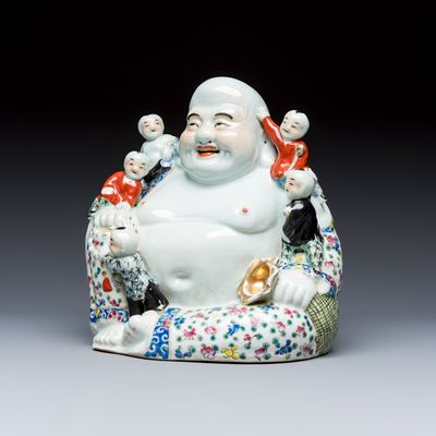 A Chinese famille rose Milefo Buddha with playing boys, Zhu Mao Sheng 朱茂盛 mark, Republic