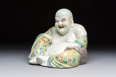 A Chinese famille rose Milefo Buddha, Ye Yunhong Zao 葉運紅造 mark, Republic
