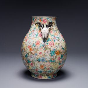 A Chinese famille rose 'millefleurs' 'hu' vase, Qianlong mark, Republic — photo 2