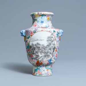 A Chinese famille rose millefleurs vase with grisaille landscape panels, Qianlong mark, Republic — photo 3