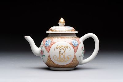A Chinese famille rose monogrammed teapot with floral design, Yongzheng/Qianlong
