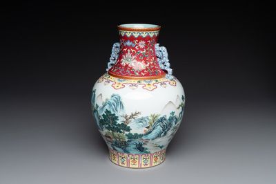 A Chinese famille rose 'mountainous landscape' vase, Qianlong mark, 19/20th C.