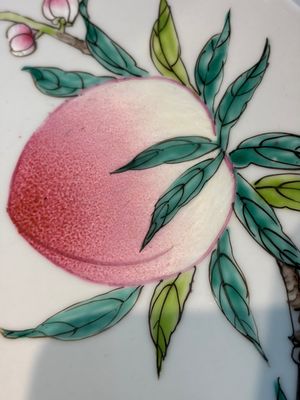 A Chinese famille rose 'Nine Peaches' dish on wooden stand, Yongzheng mark, 20th C. — photo 4
