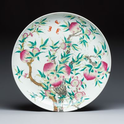 A Chinese famille rose 'Nine Peaches' dish, Qianlong mark, 19th C.