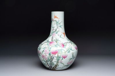 A Chinese famille rose 'nine peaches' 'tianqiuping' vase, Qianlong mark, 19/20th C.