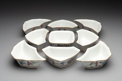 A Chinese famille rose nine-piece sweetmeat or rice table set, Tongzhi mark, 19th C.