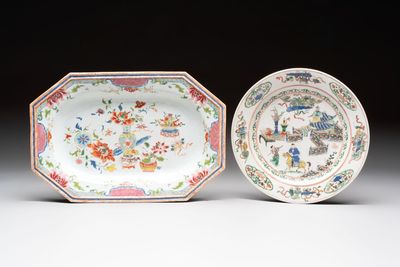 A Chinese famille rose octagonal dish and a famille verte plate with figures in a landscape, ding mark, Kangxi/Qianlong