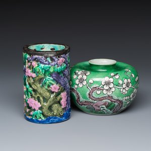 A Chinese famille rose openwork 'Prunus' brush pot and a famille verte biscuit 'Prunus' water pot — photo 1