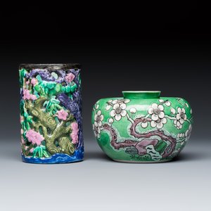 A Chinese famille rose openwork 'Prunus' brush pot and a famille verte biscuit 'Prunus' water pot — photo 2