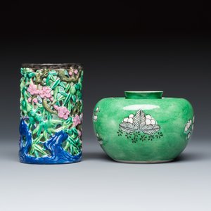 A Chinese famille rose openwork 'Prunus' brush pot and a famille verte biscuit 'Prunus' water pot — photo 4