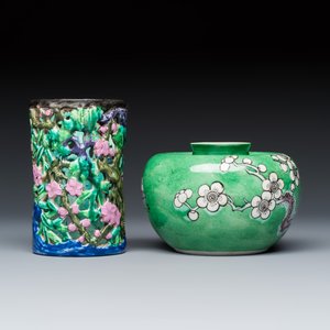A Chinese famille rose openwork 'Prunus' brush pot and a famille verte biscuit 'Prunus' water pot — photo 5